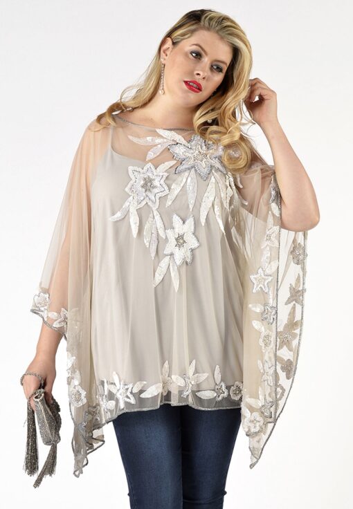 Yoek Tunic square flowers | Bruin | Maat XXL