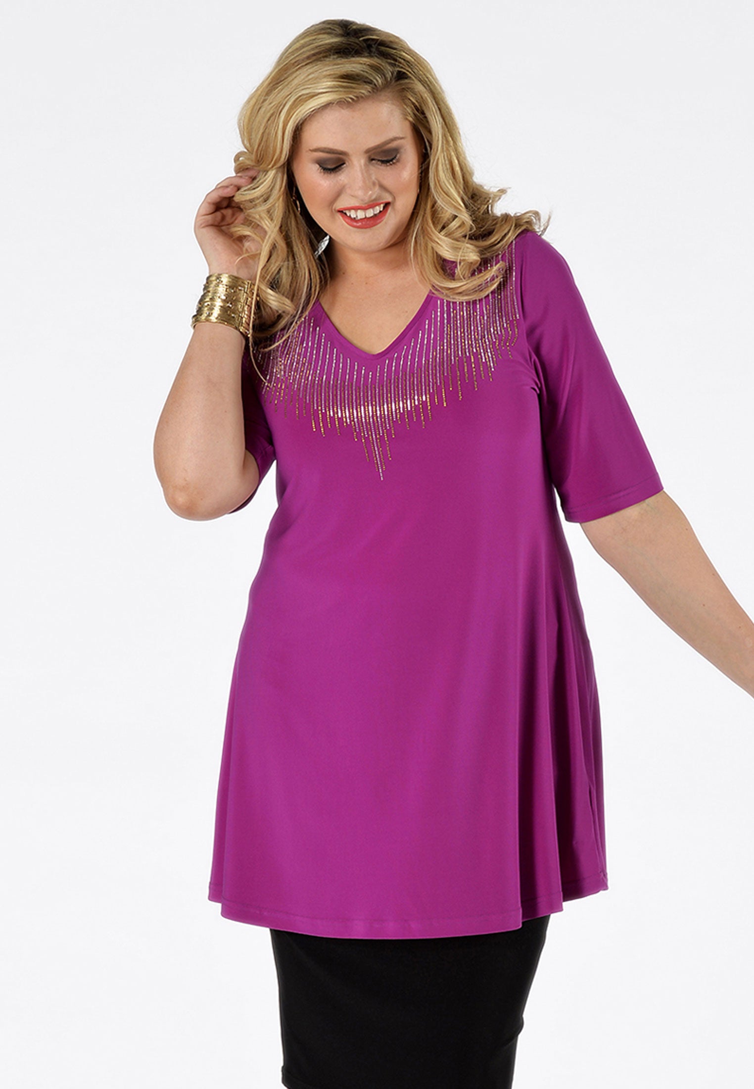 Yoek Shirt flare strass neck | Roze | Maat Plus