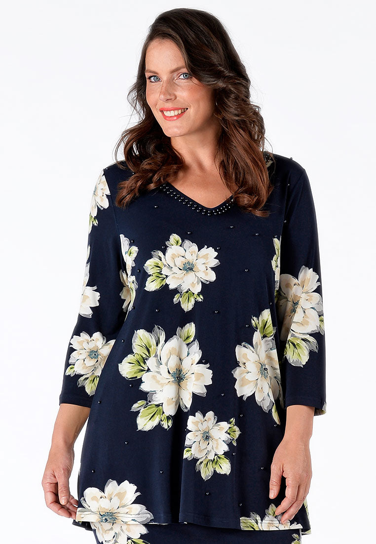 Yoek Tunic flare pearls CAMELLIA | Blauw | Maat Plus