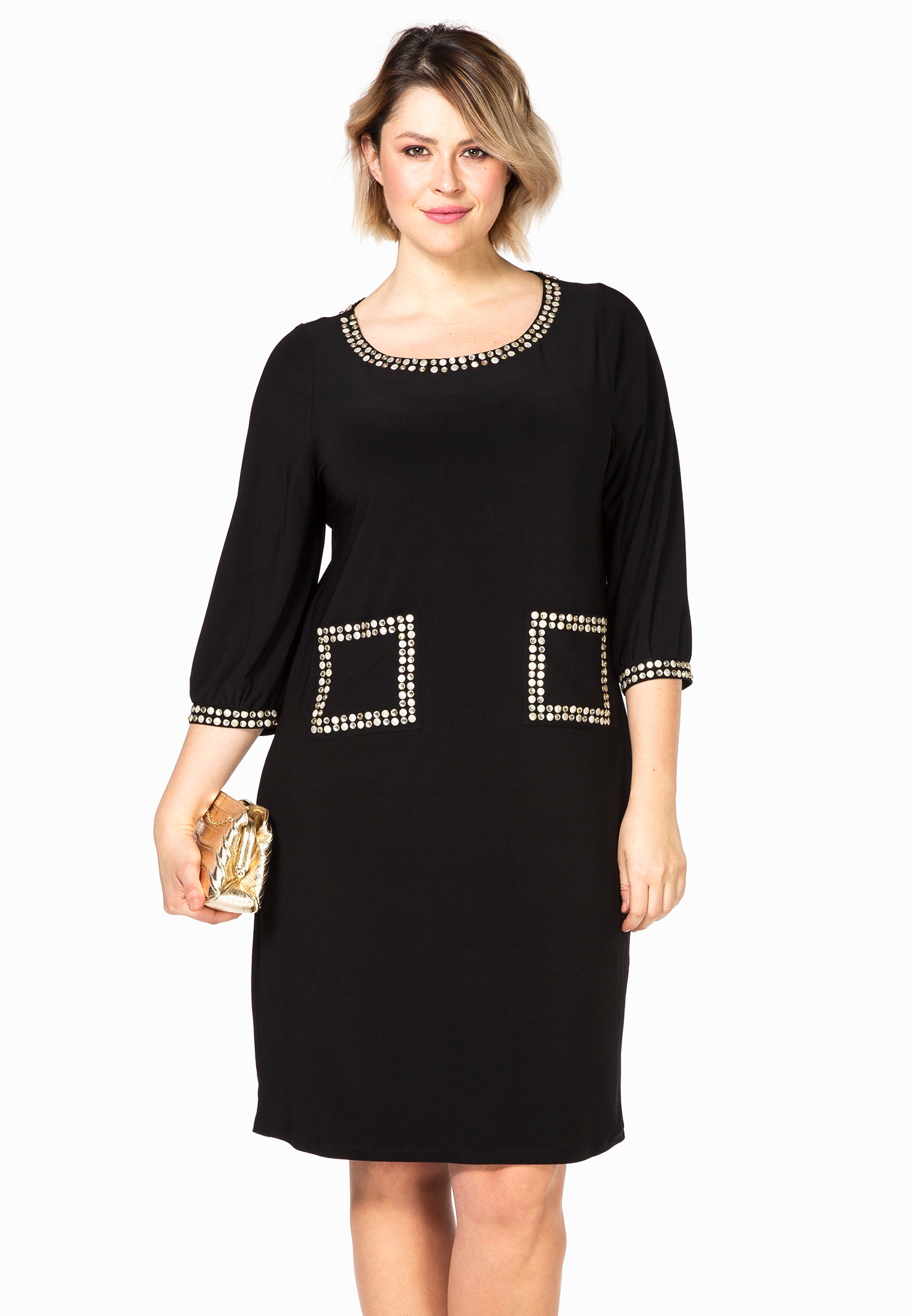 Yoek Dress strass trimmed | Zwart | Maat 50/52
