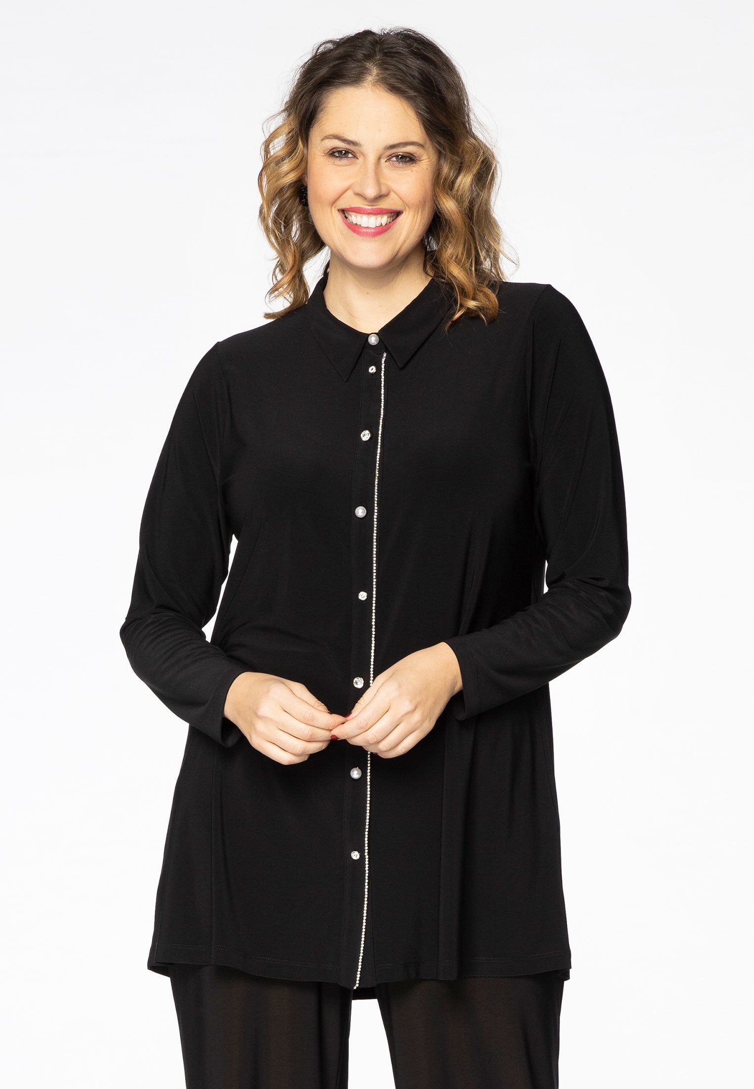 Yoek Blouse met strass flare | Zwart | Maat 58/60