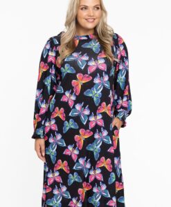 Yoek Dress puff sleeves BUTTERFLIES | Zwart | Maat 54/56