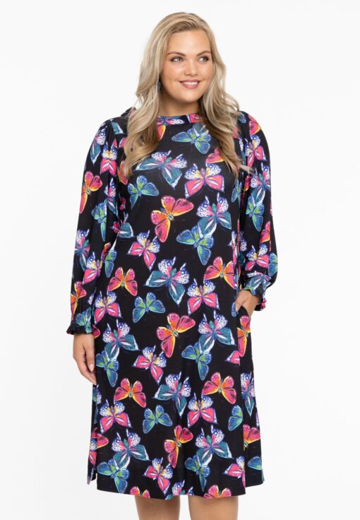 Yoek Dress puff sleeves BUTTERFLIES | Zwart | Maat 54/56