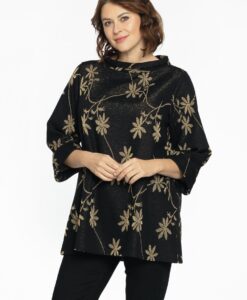 Yoek Tunic standing collar LUREX FLOWER | Zwart | Maat 42/44