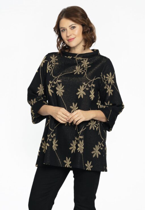 Yoek Tunic standing collar LUREX FLOWER | Zwart | Maat 42/44