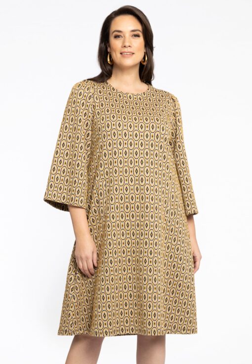 Yoek Dress A-line puff sleeve DIAMONDS | Licht Bruin | Maat 58/60