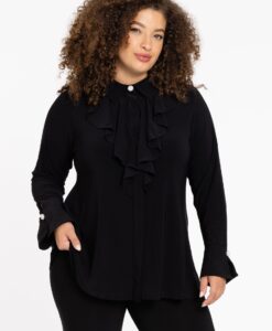Yoek Blouse volant | Zwart | Maat 54/56