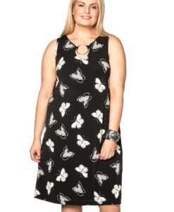 Yoek Dress ring neck FARFALLE | Zwart | Maat Plus