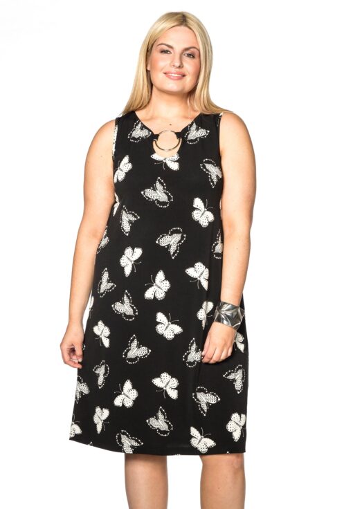 Yoek Dress ring neck FARFALLE | Zwart | Maat Plus