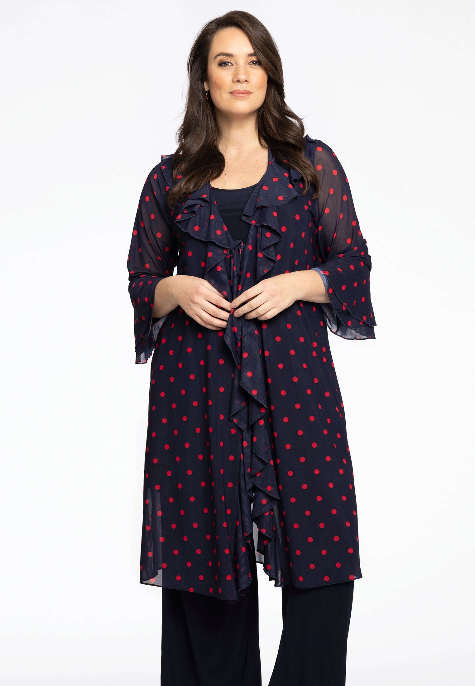 Yoek Cardi-Blouse met ruches Dots | Blauw | Maat 58/60