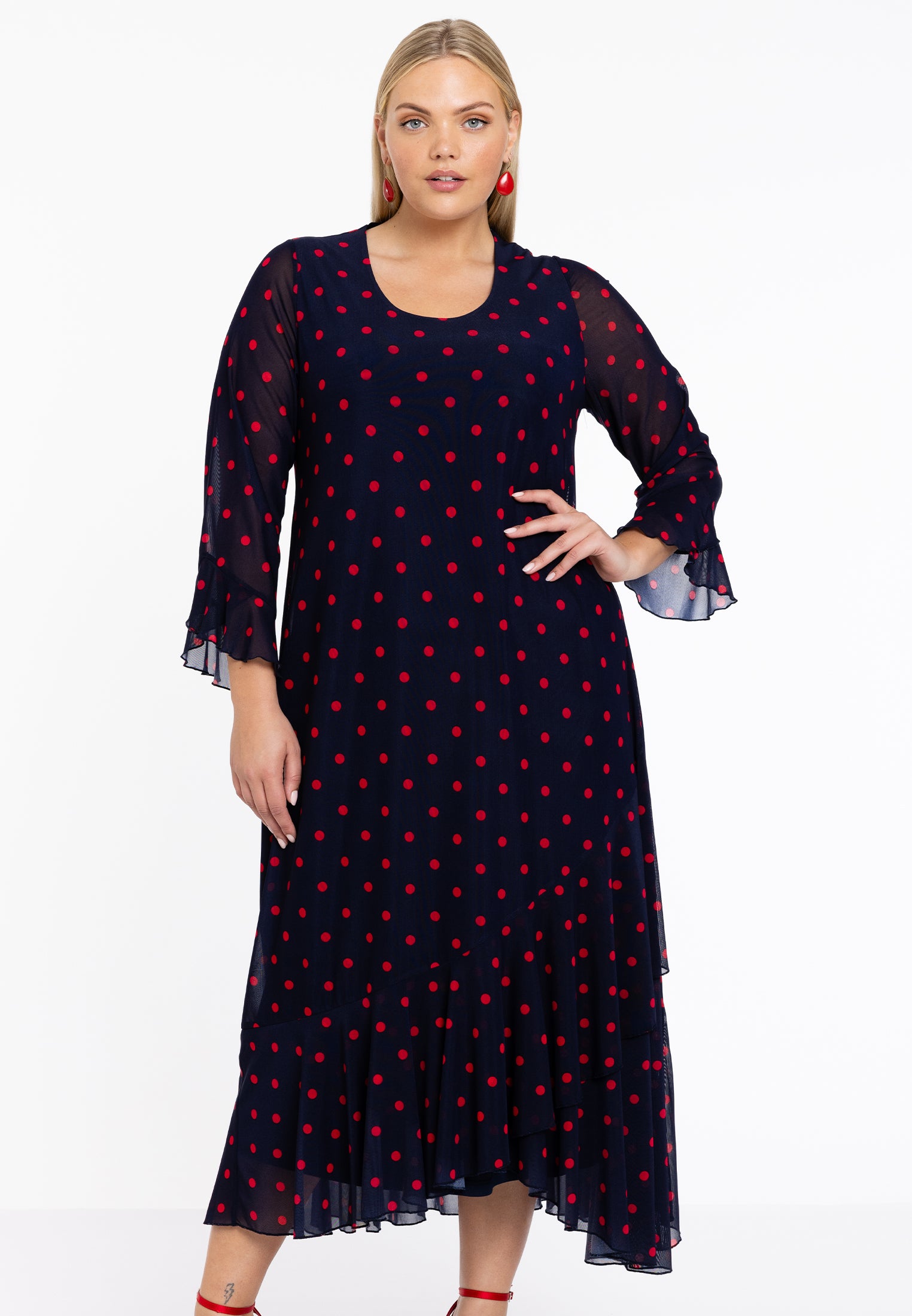 Yoek Jurk met ruches DOTS | Blauw | Maat 58/60