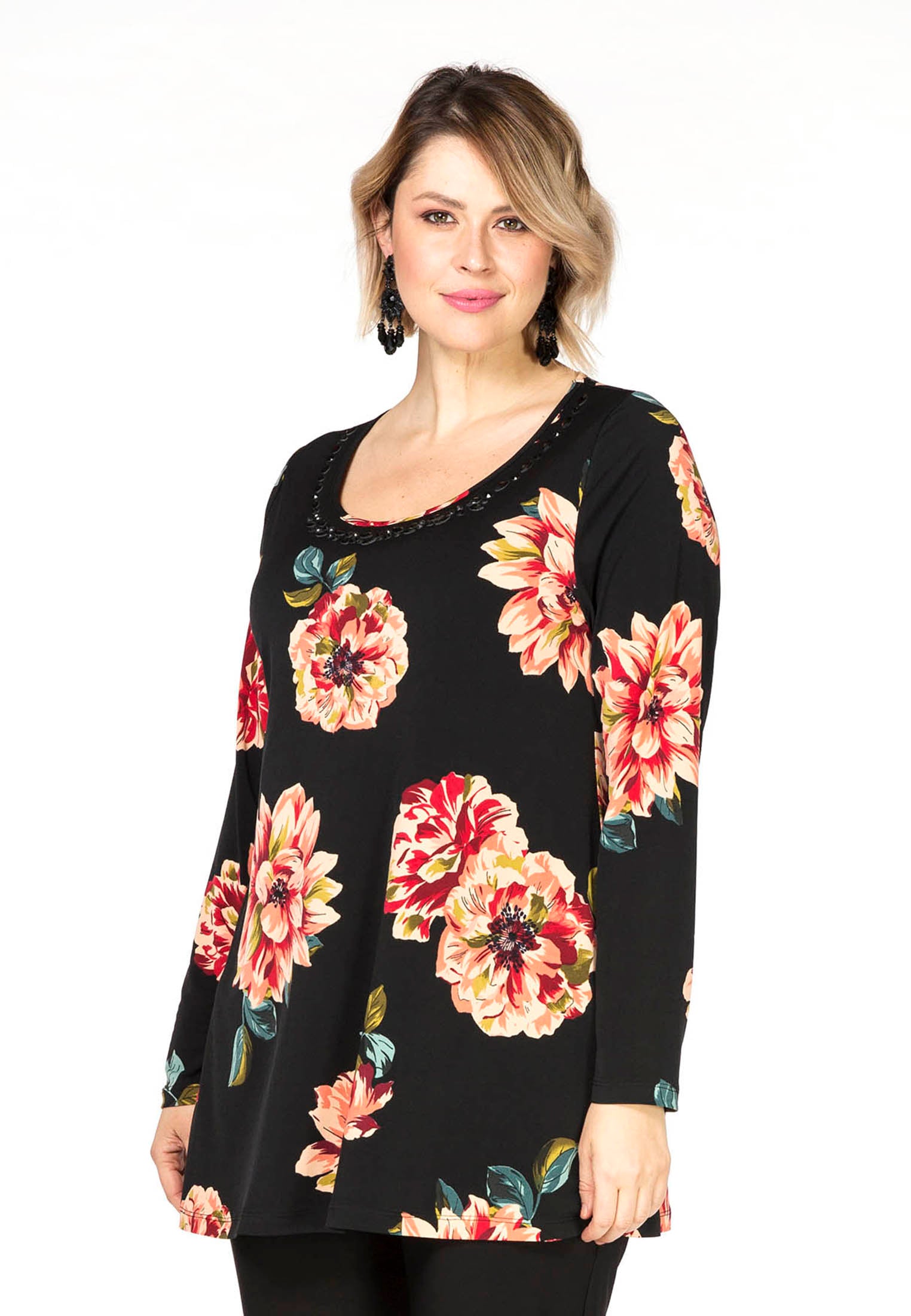 Yoek Tunic flare beaded BARI | Zwart | Maat 50/52