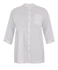 Yoek Blouse met plooien linnen | Wit | Maat 46/48