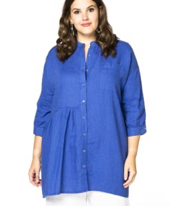 Yoek Blouse met plooien linnen | Licht Blauw | Maat 38/40
