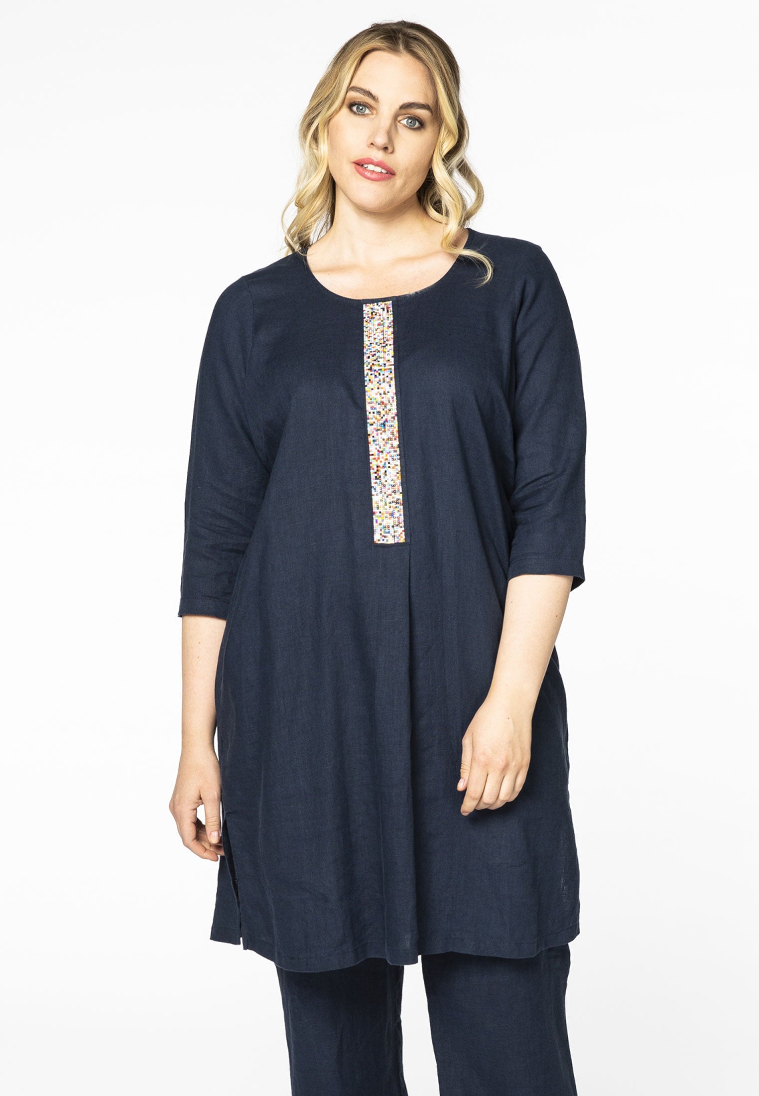Yoek Jurk met kralen linnen | Blauw | Maat 38/40