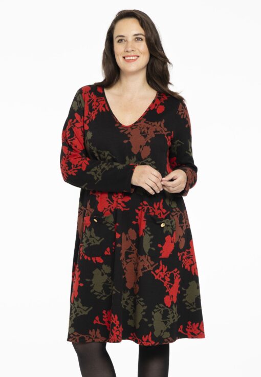Yoek Jurk breisel met bloemen | Zwart | Maat 42/44