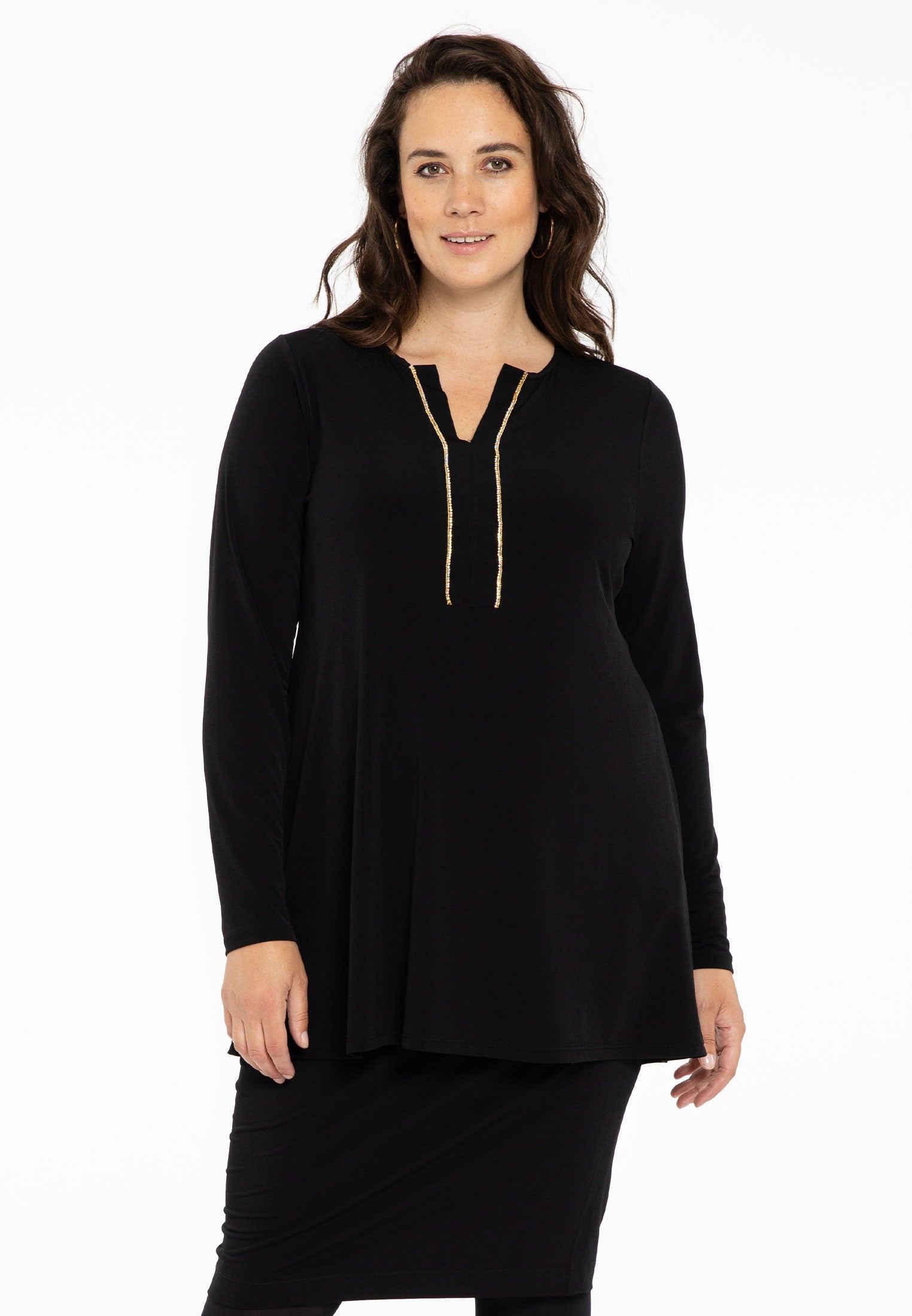 Yoek Tuniek flare strass trim | Zwart | Maat 38/40
