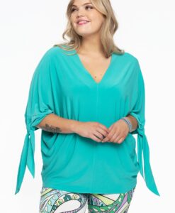 Yoek Blouse V-hals met strikken | Turquoise | Maat 42/44