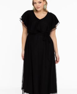 Yoek Jurk met ruches V-hals MESH | Zwart | Maat 42/44