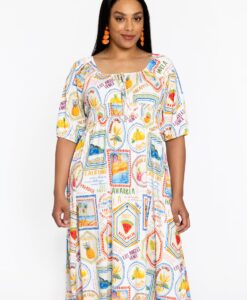 Yoek Jurk met gesmokte taille TROPICANA | Beige | Maat 50/52