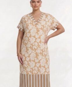 Yoek Dress FLOWER STAMP | Licht Bruin | Maat 46/48