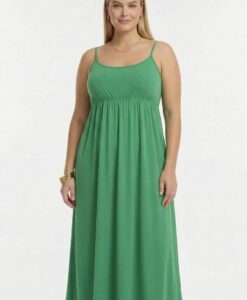 Yoek Dress spaghetti elastic waist | Groen | Maat 46/48