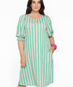 Yoek Jurk met pofmouwen STRIPY | Groen | Maat 38/40