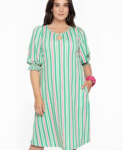 Yoek Jurk met pofmouwen STRIPY | Groen | Maat 38/40