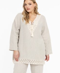 Yoek Wijde blouse met kant | Licht Bruin | Maat 38/40