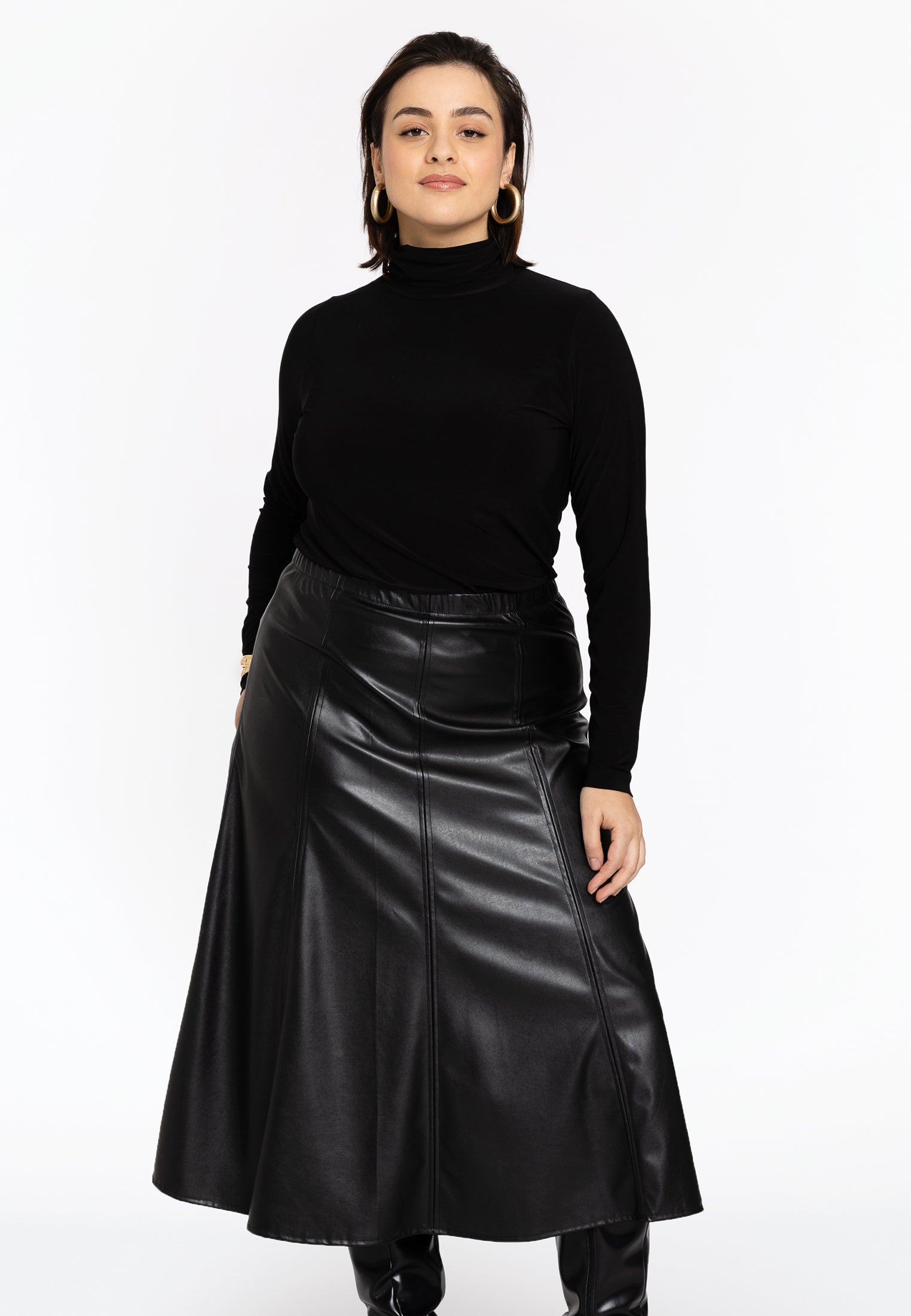 Yoek Flared rok LEATHER | Zwart | Maat 54/56