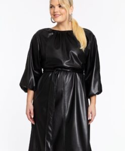 Yoek Jurk met pofmouwen LEATHER | Zwart | Maat 42/44
