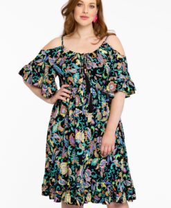 Yoek Jurk off shoulder FOLK | Zwart | Maat 50/52