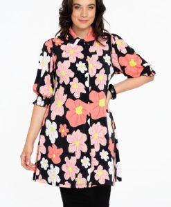 Yoek Blouse met pofmouw HIBISCUS | Zwart | Maat 42/44
