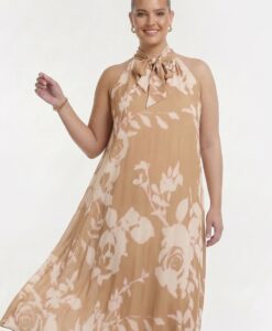 Yoek Jurk BLURRED ROSES | Licht Bruin | Maat 46/48