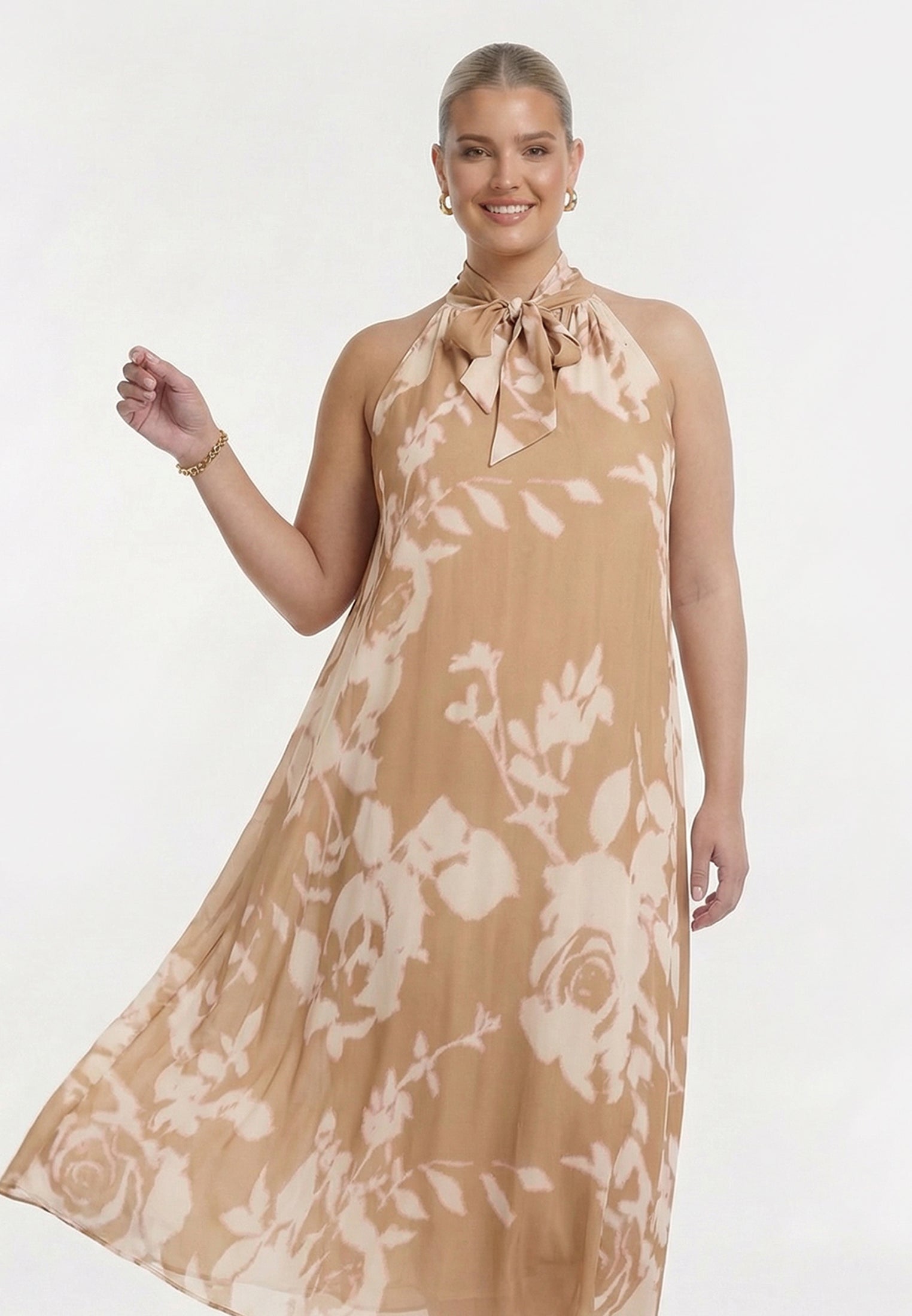 Yoek Jurk BLURRED ROSES | Licht Bruin | Maat 46/48