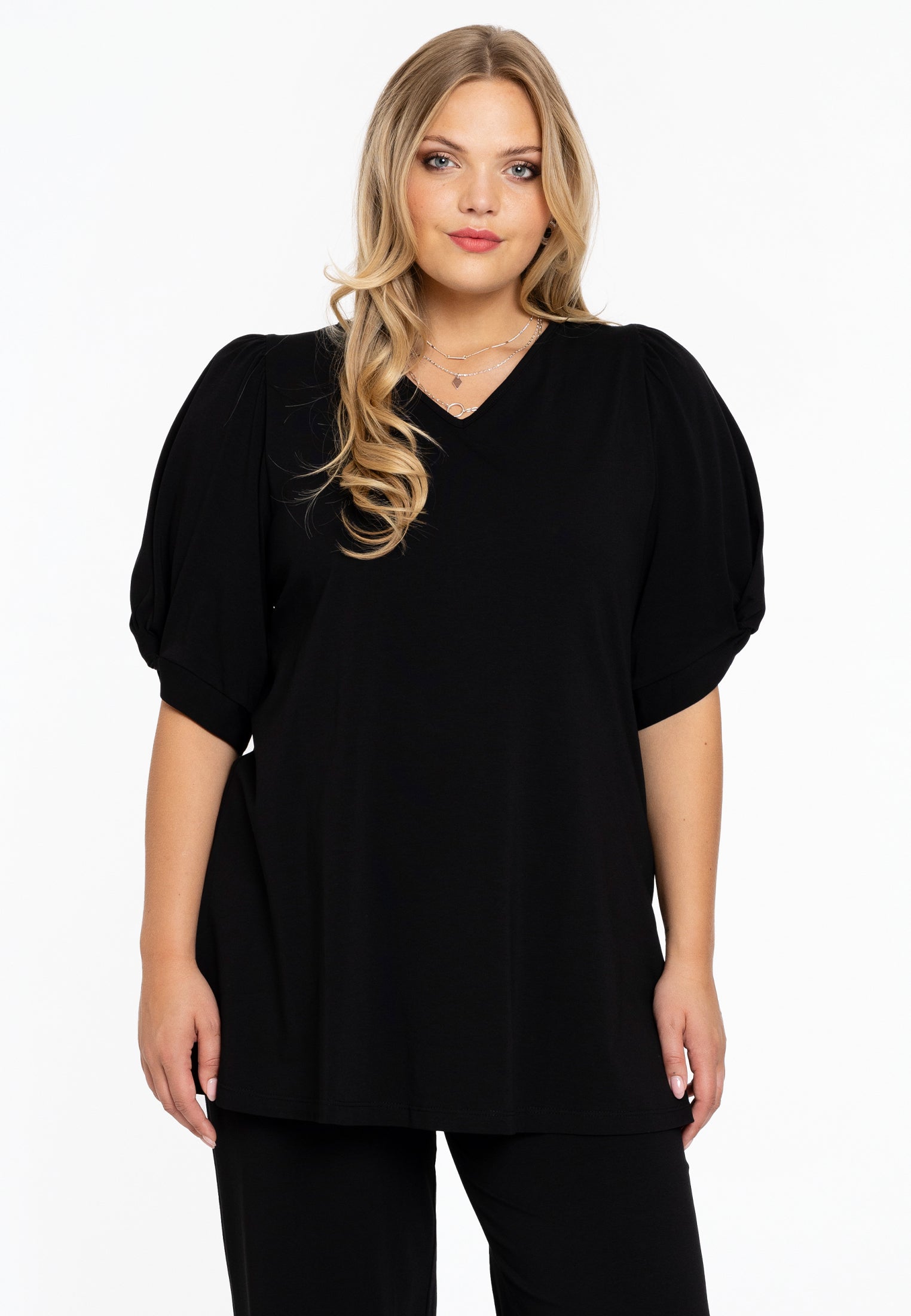Yoek Tuniek flare met pofmouwen | Zwart | Maat 38/40