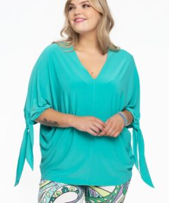 YOEK Blouse V-hals met strikken | Turquoise | Maat 42/44