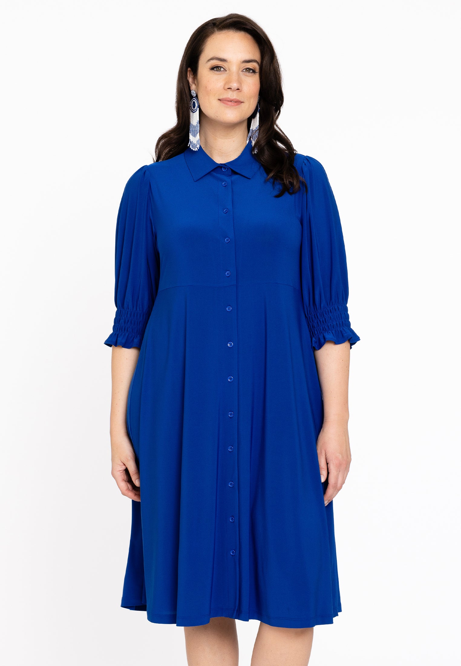 YOEK Jurk met knopen | Blauw | Maat 50/52