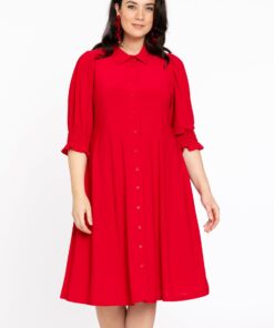 YOEK Jurk met knopen | Rood | Maat 50/52
