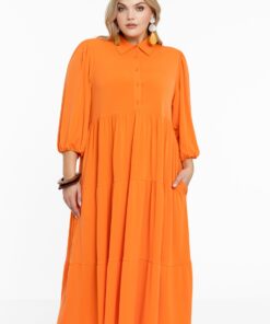 YOEK Jurk met pofmouwen | Oranje | Maat 38/40