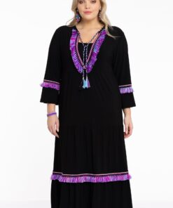 YOEK Jurk lang met franjes | Zwart | Maat 38/40