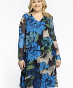 YOEK Jurk met ruches | Blauw | Maat 58/60