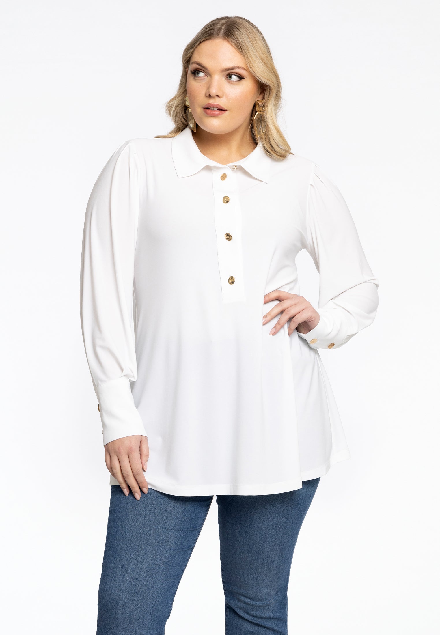 YOEK Blouse flare met pofmouwen | Beige | Maat 38/40