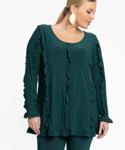 YOEK Tuniek flare met volants | Grote maten tuniek | Dark Green | Maat 58/60