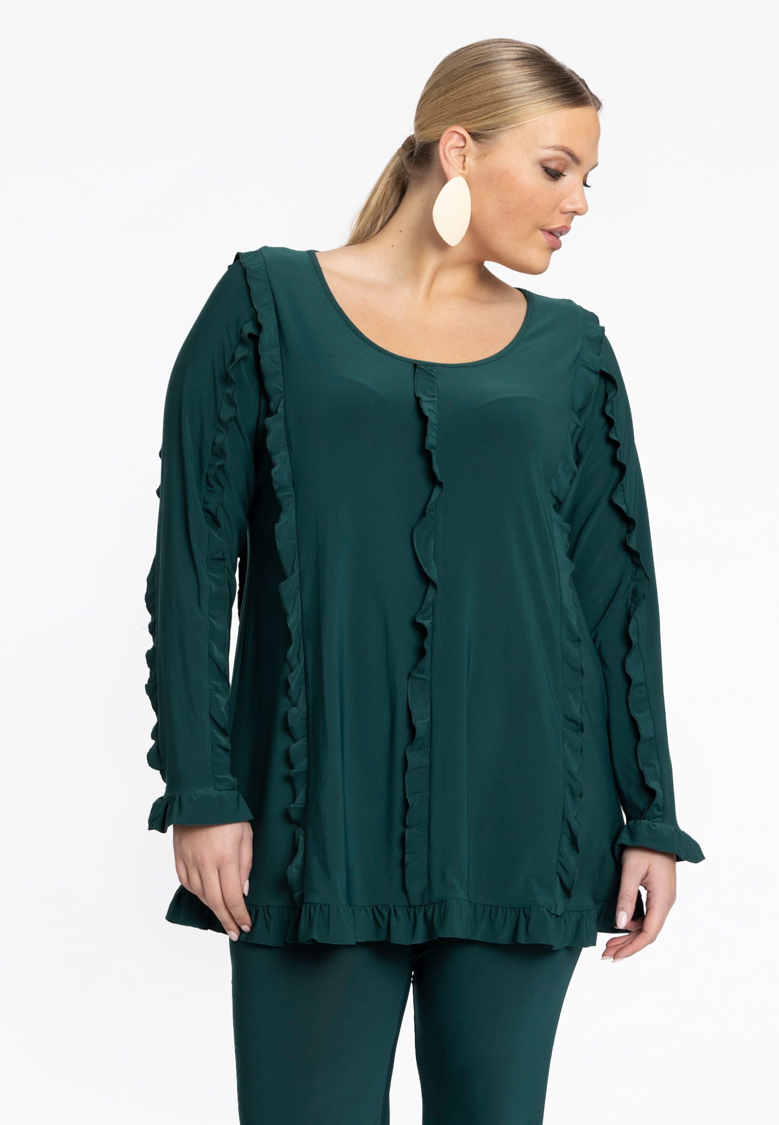 YOEK Tuniek flare met volants | Grote maten tuniek | Dark Green | Maat 58/60