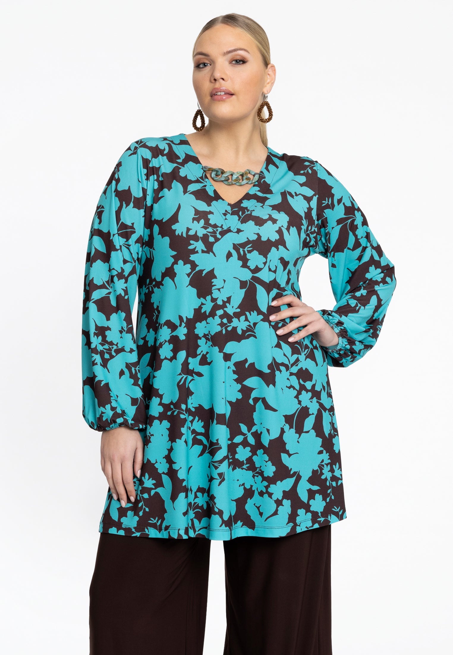 YOEK Tuniek V-halsketting JONES | Grote maten tuniek | Turquoise | Maat 42/44