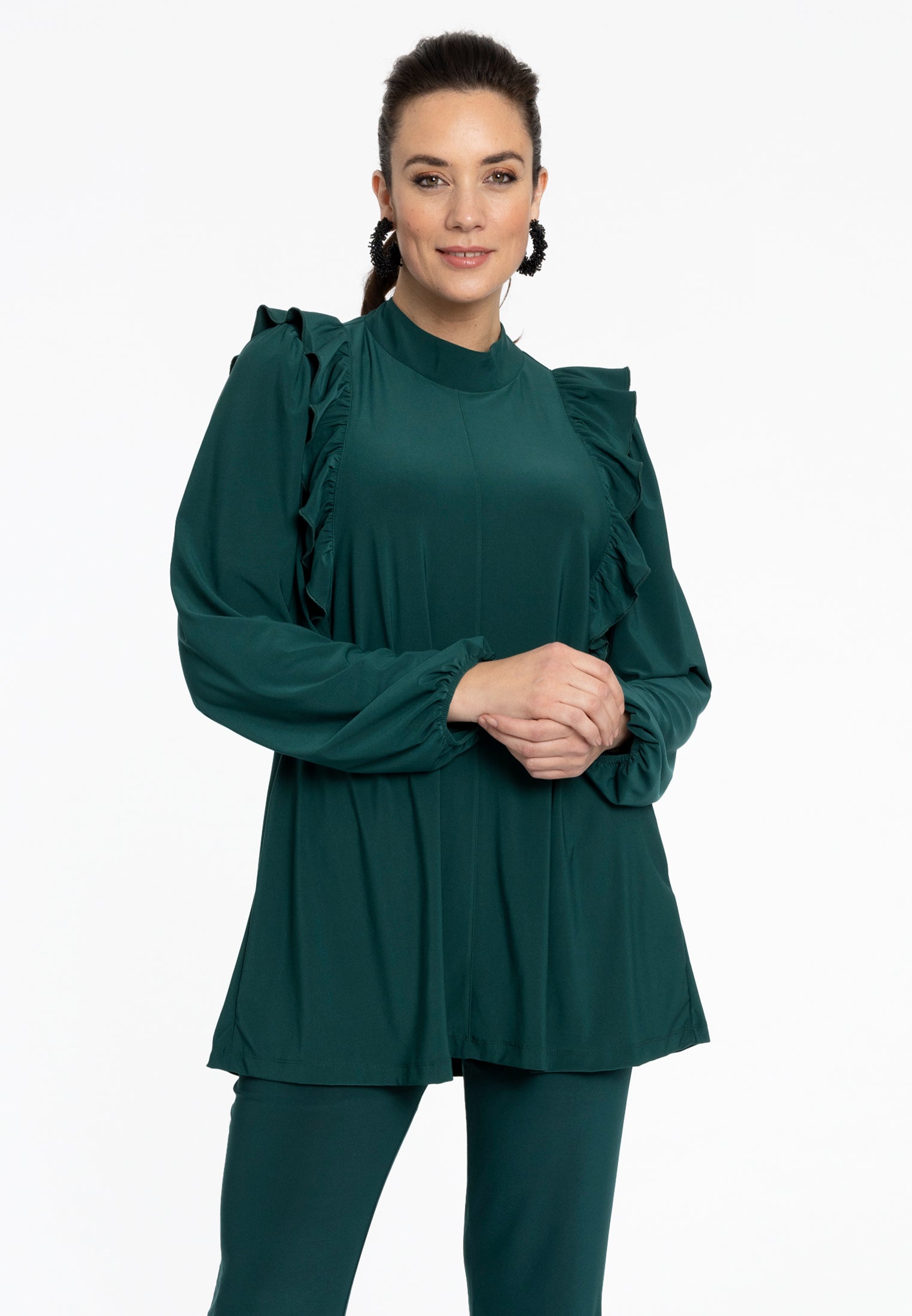 YOEK Tuniek flare met volant | Grote maten tuniek | Dark Green | Maat 54/56
