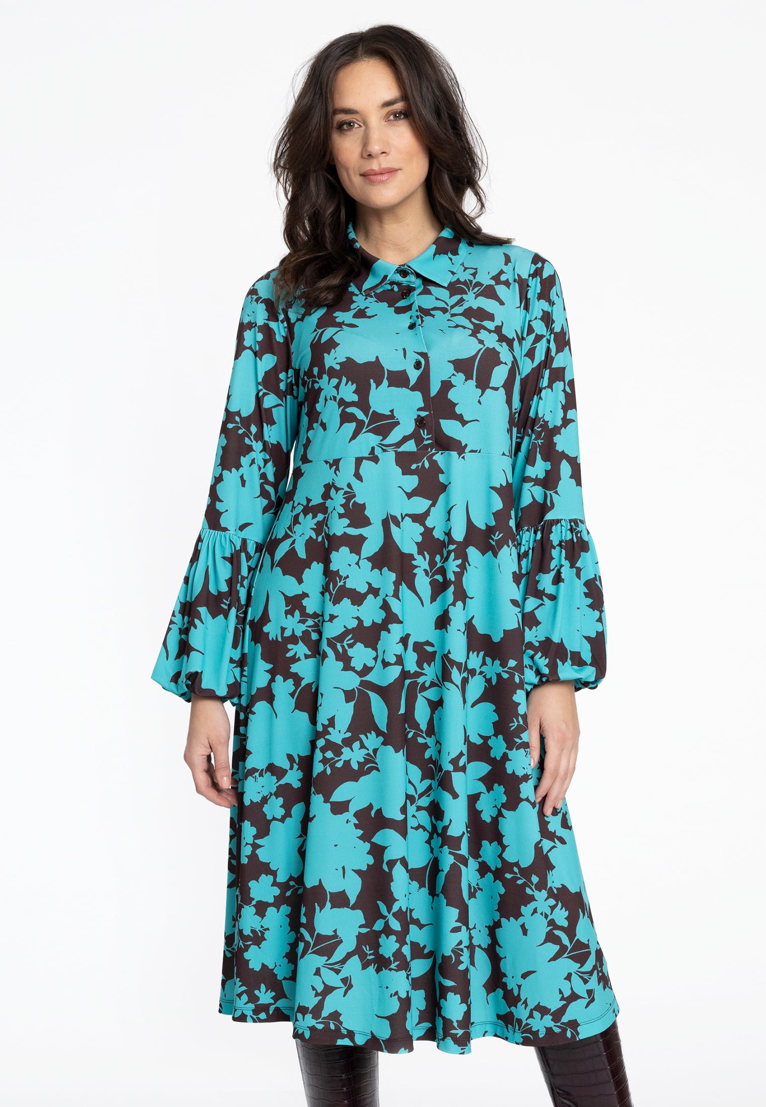 YOEK Jurk ballonmouwen JONES | Turquoise | Maat 50/52