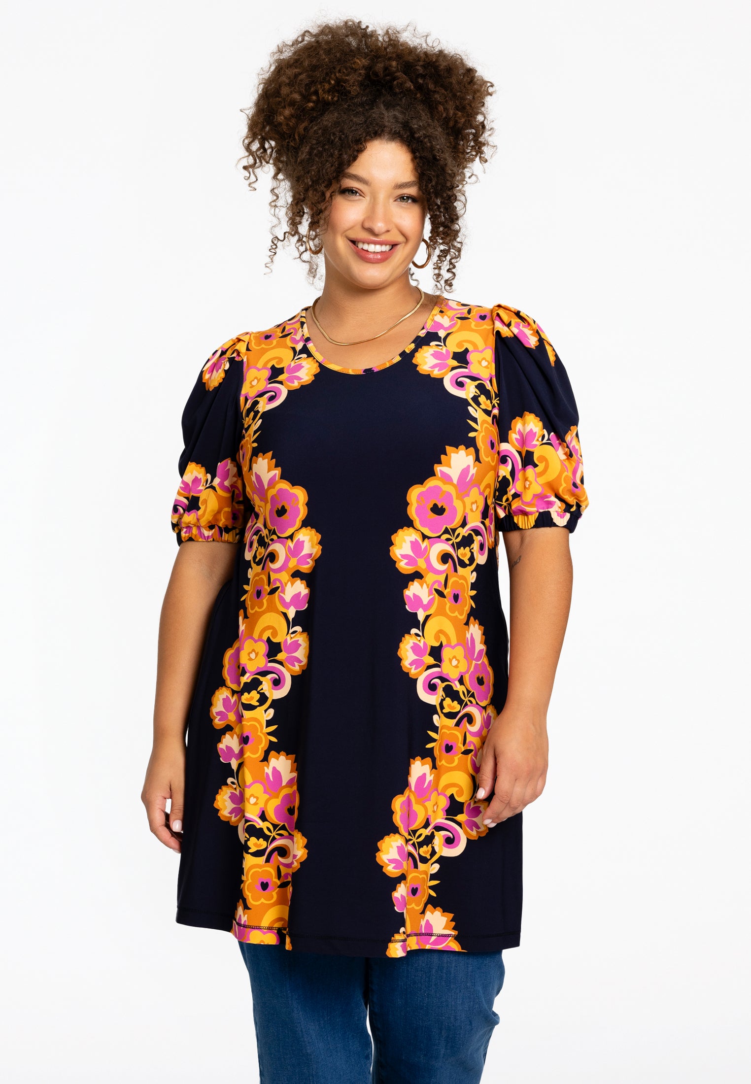 YOEK Tuniek A-lijn pofmouw GARLAND | Grote maten tuniek | Blauw | Maat 42/44
