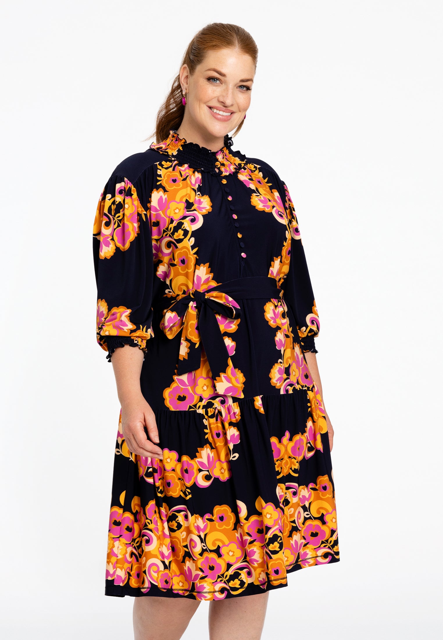 YOEK Jurk met gesmokte details GARLAND | Blauw | Maat 54/56